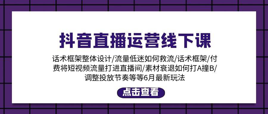 抖音直播运营线下课：话术框架/付费流量直播间/素材A撞B/等6月新玩法